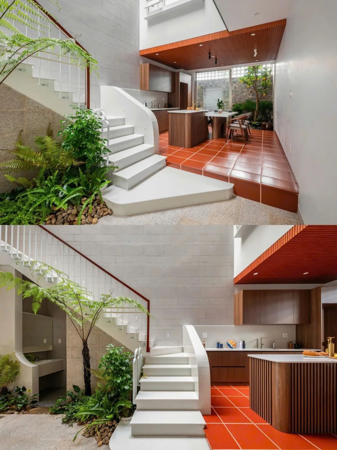 نمای خارجی و داخلی خانه چهار طبقه «شهر غربی» (Casa Cidade do Oeste) در ویتنام با مساحت ۹۰ متر مربع، که طراحی آن شامل نمای ساده، لایه‌های انبوه گیاهی برای حفظ حریم خصوصی، و فضاهای داخلی پلان باز با نورگیر مرکزی برای ایجاد محیطی آرام و روشن است.
