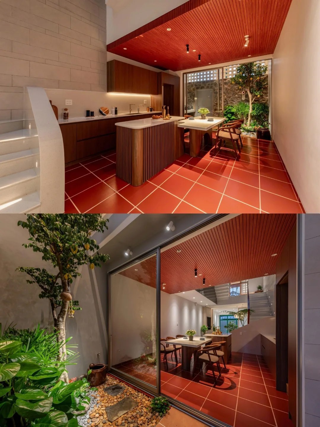 نمای خارجی و داخلی خانه چهار طبقه «شهر غربی» (Casa Cidade do Oeste) در ویتنام با مساحت ۹۰ متر مربع، که طراحی آن شامل نمای ساده، لایه‌های انبوه گیاهی برای حفظ حریم خصوصی، و فضاهای داخلی پلان باز با نورگیر مرکزی برای ایجاد محیطی آرام و روشن است.