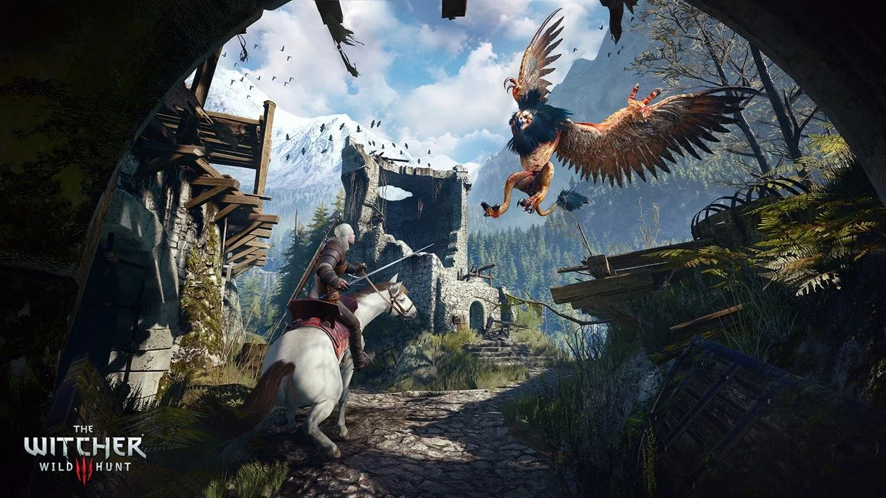 Geralt on Horseback Confronts a Large Griffin Swooping over a Ruined Mountain Village in a Fantasy Forest Setting from the Witcher 3 Wild Hunt