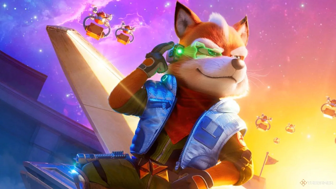 Animated Fox in a Blue Vest with a Glowing Green Visor Standing on a Sci fi Platform As Tiny Hover Pods Fly in a Purple orange Sky